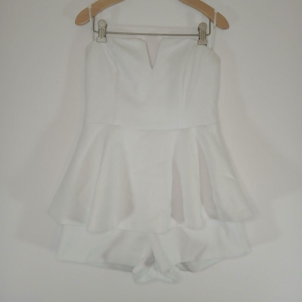 Lulus White Strapless Peplum Romper Fit & Flared Shorts Minimalist Bridal Core